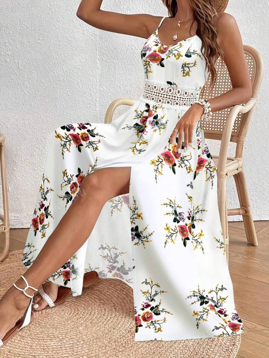 Women's Summer Floral & Leaf Print Bohemian Lace Patchwork Backless High Slit Maxi Slip Dress