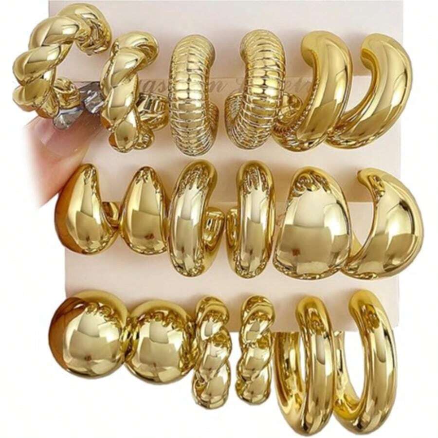 Gold Hoop Earrings Set For Women Hypoallergenic Chunky Chain Twisted Open Hoops Dangle Earring Packs For Birthday Party Christmas Fashion Jewelry Gift