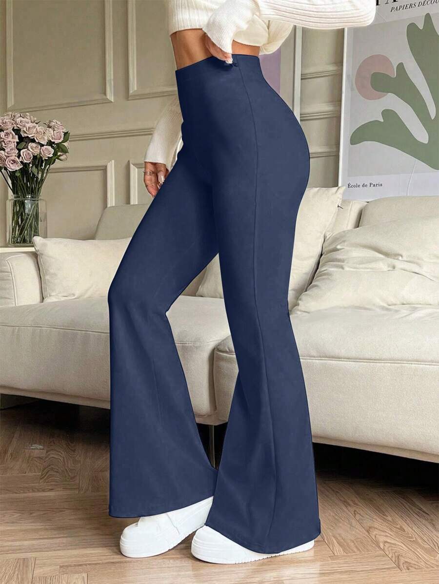 Plus Size Women's High Waist Solid Color Bell Bottom Sports Yoga Pants Compression Tights Running Workout Bottoms