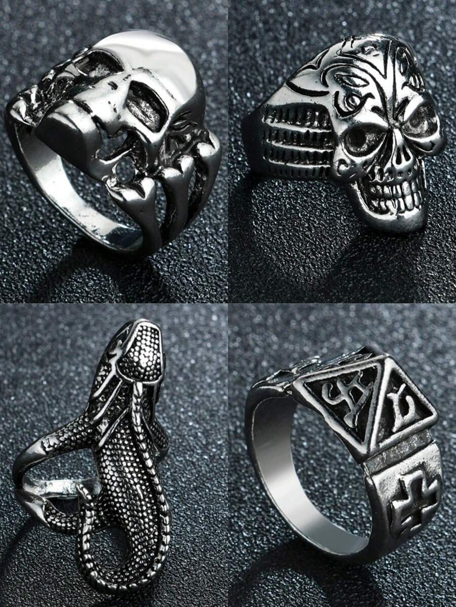 1 Pc Retro Biker Skull Ring For Men Silver Color Punk Gothic Rock Hiphop Open Ring Handmade Designer Jewelry Biker Accessories Gift