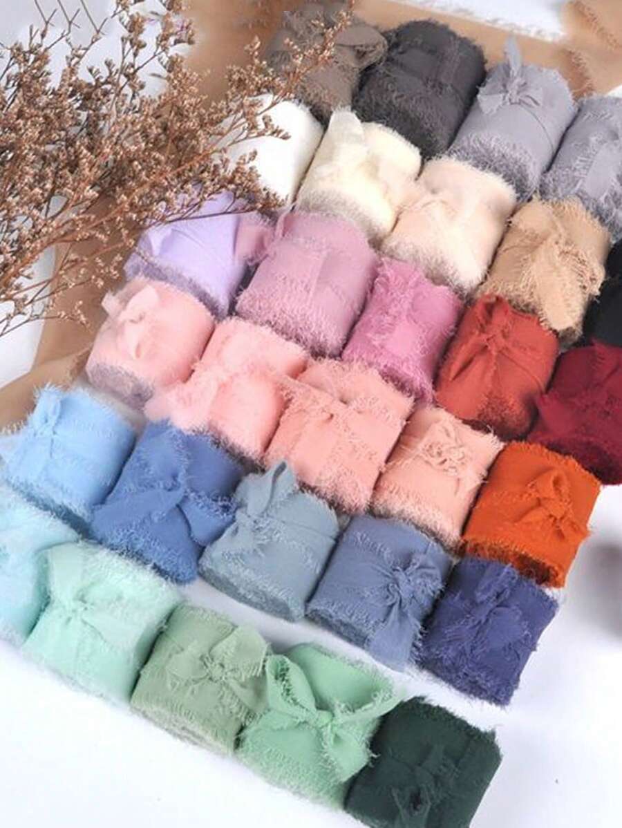 2volumes Handmade Tassel Chiffon And Silk Ribbon Set For Wedding Invitation, Bridal Bouquet, Present Packaging And Diy Crafts