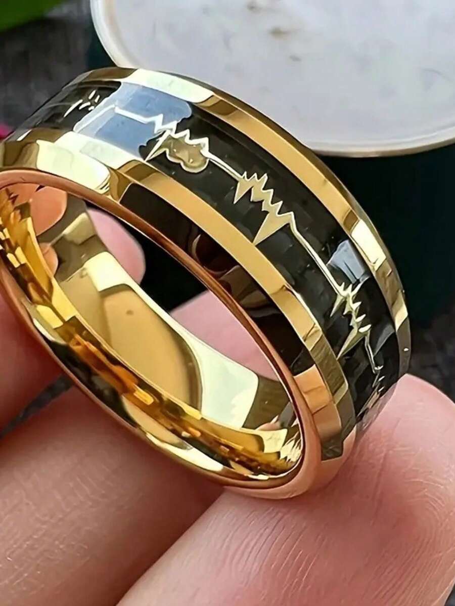 Bague en fibre de carbone noire électrocardiogramme en acier inoxydable, bague ECG dorée pour la déclaration d'amour, alliance de mariage pour hommes et femmes