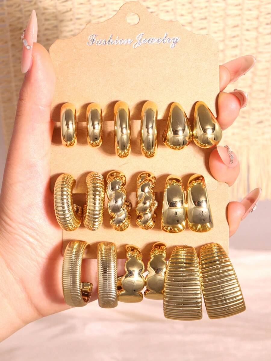 6/18 pièces Set de boucles d'oreilles en forme de C avec fil torsadé en goutte d'eau dorée