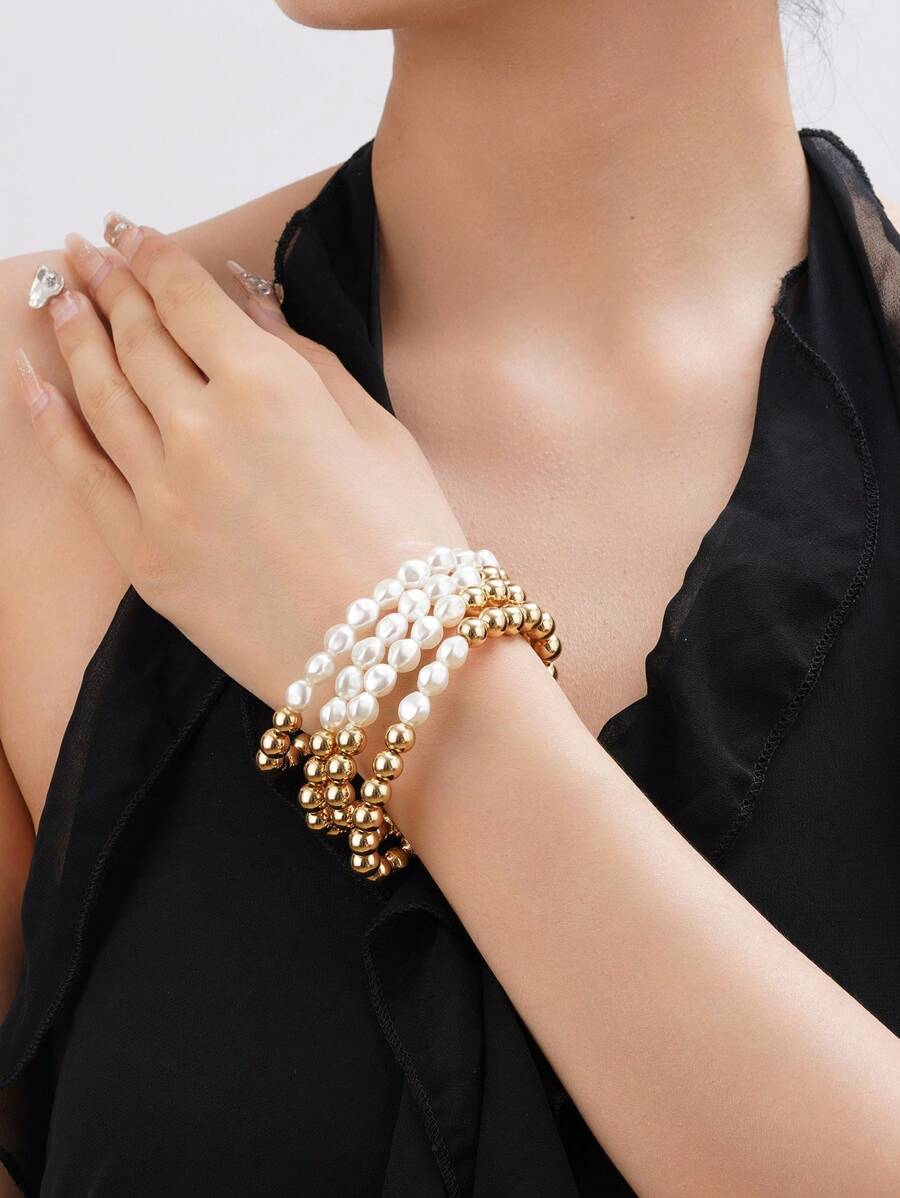 4pcs Set Elegant Baroque Pearl & CCB Beads Bracelet Layering Stacking Bracelet Jewelry For Women, Suitable For Daily Wear, Festivals, Casual Outfits, Gift For Mother/Friends