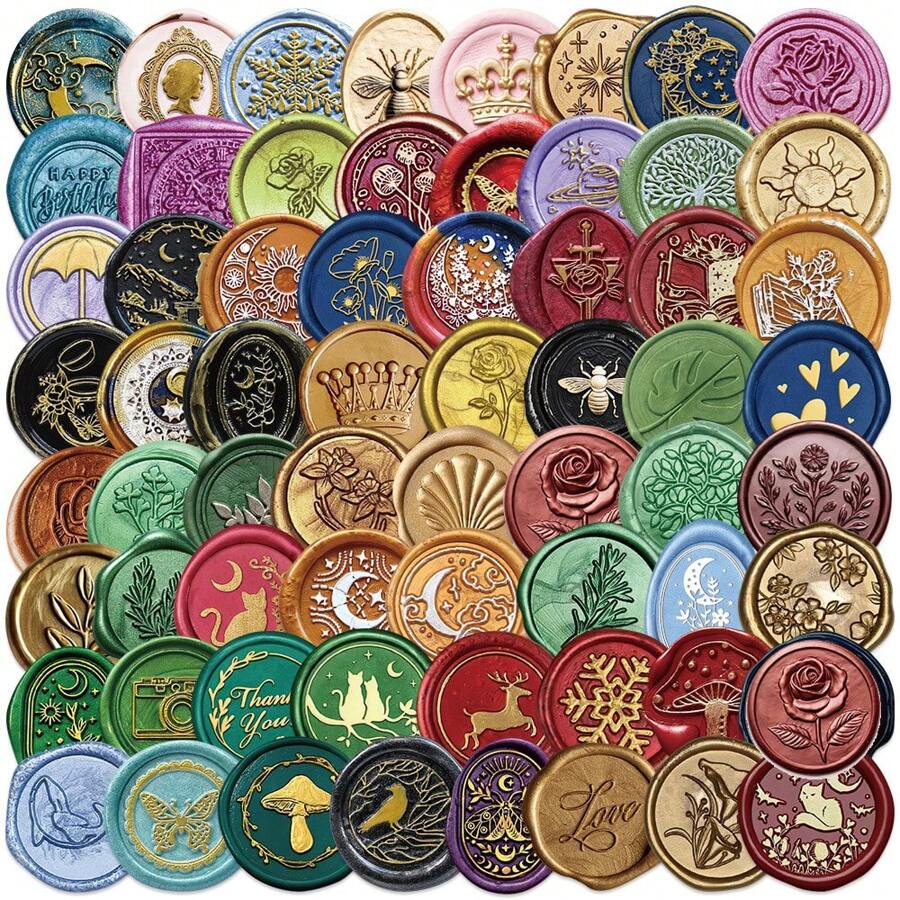 60Pcs Aesthetic Stickers Wax Seals Colorful Gold Wax Seal Stickers Envelope Seals Wax Seal Stickers Wax Stickers For Envelopes Vinyl Stickers Stickers For Water Bottle, Hydroflask, Guitar, Luggage, Phone, Case, Laptop, Skateboard, Gift