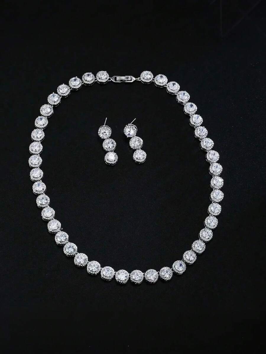 1 Set Luxury Crystal Wedding Bridal Jewelry Set, Including Necklace And Earrings, CZ Zirconia