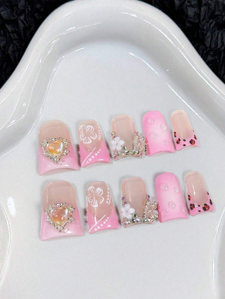10pcs Duckbill Sweet Girly Ice Pink Blush Leopard Print French Handmade Acrylic Press On Nails, Floral Rhinestones Decorated Long Duckbill Fake Nails With Jelly Glue And Nail File, DIY Nail Art Supplies Valentine'S Day School Music Festival Travel