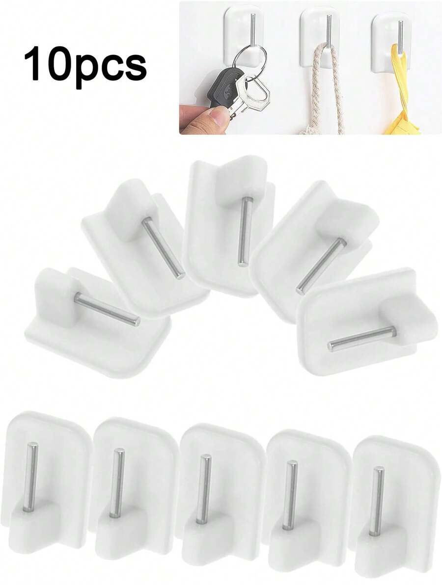 10pcs White Self-Adhesive Hooks, Suitable For Mesh Curtain Rods, Window Hooks For Bathrooms And Kitchens, Curtain Rods