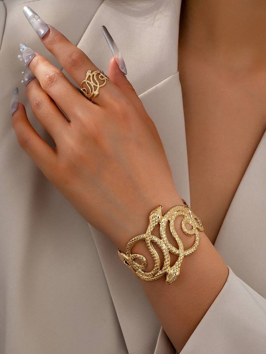2er Pack Eisen Metall Snake Armreif und Ring Set, Frauen Schlangen Design Armreif und Ring Schmuckset