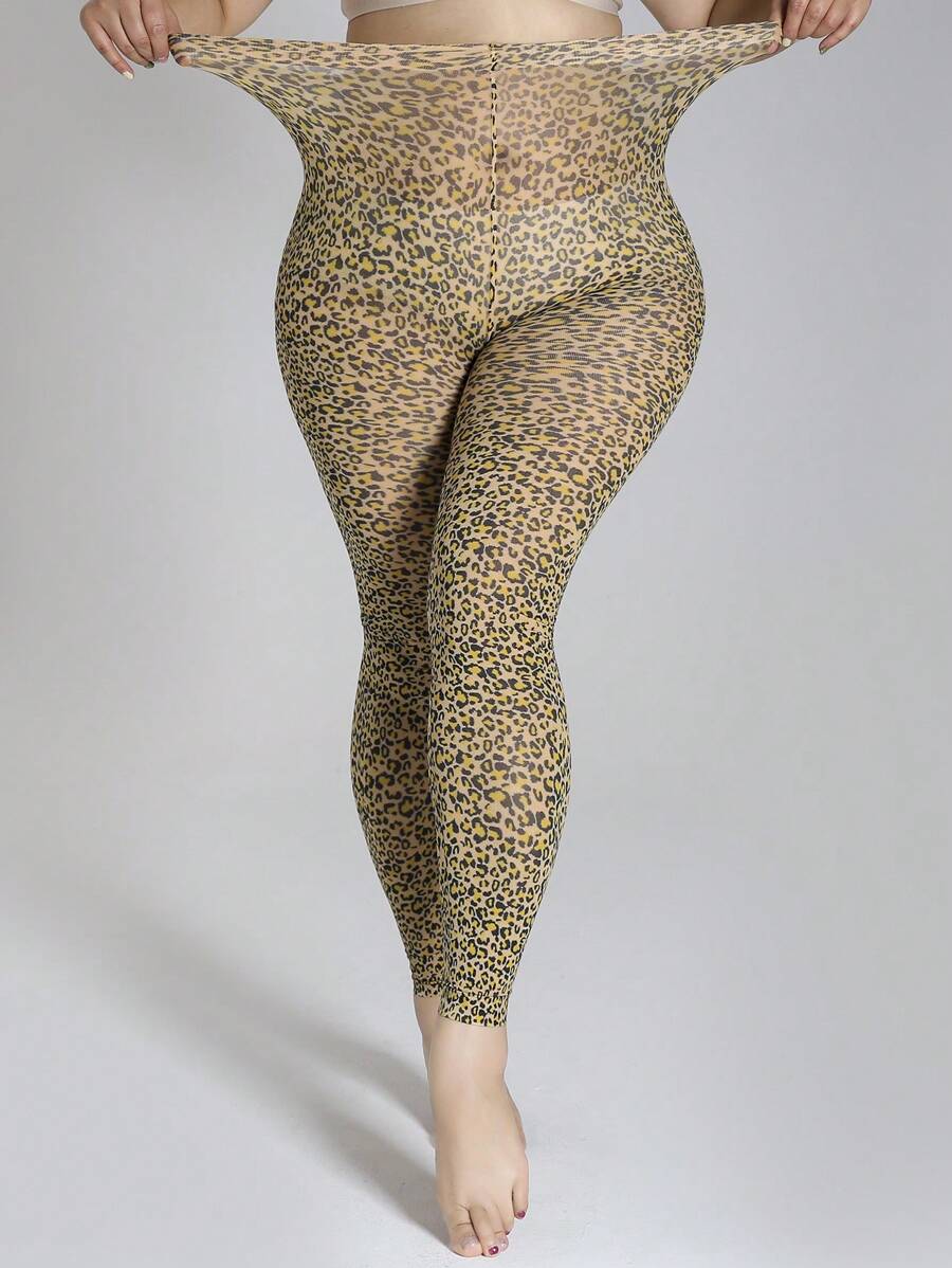 1 pieza Leggings tipo ajustado de estampado de leopardo para mujer de talla grande, mallas de longitud hasta el tobillo, elásticas y de moda sexy