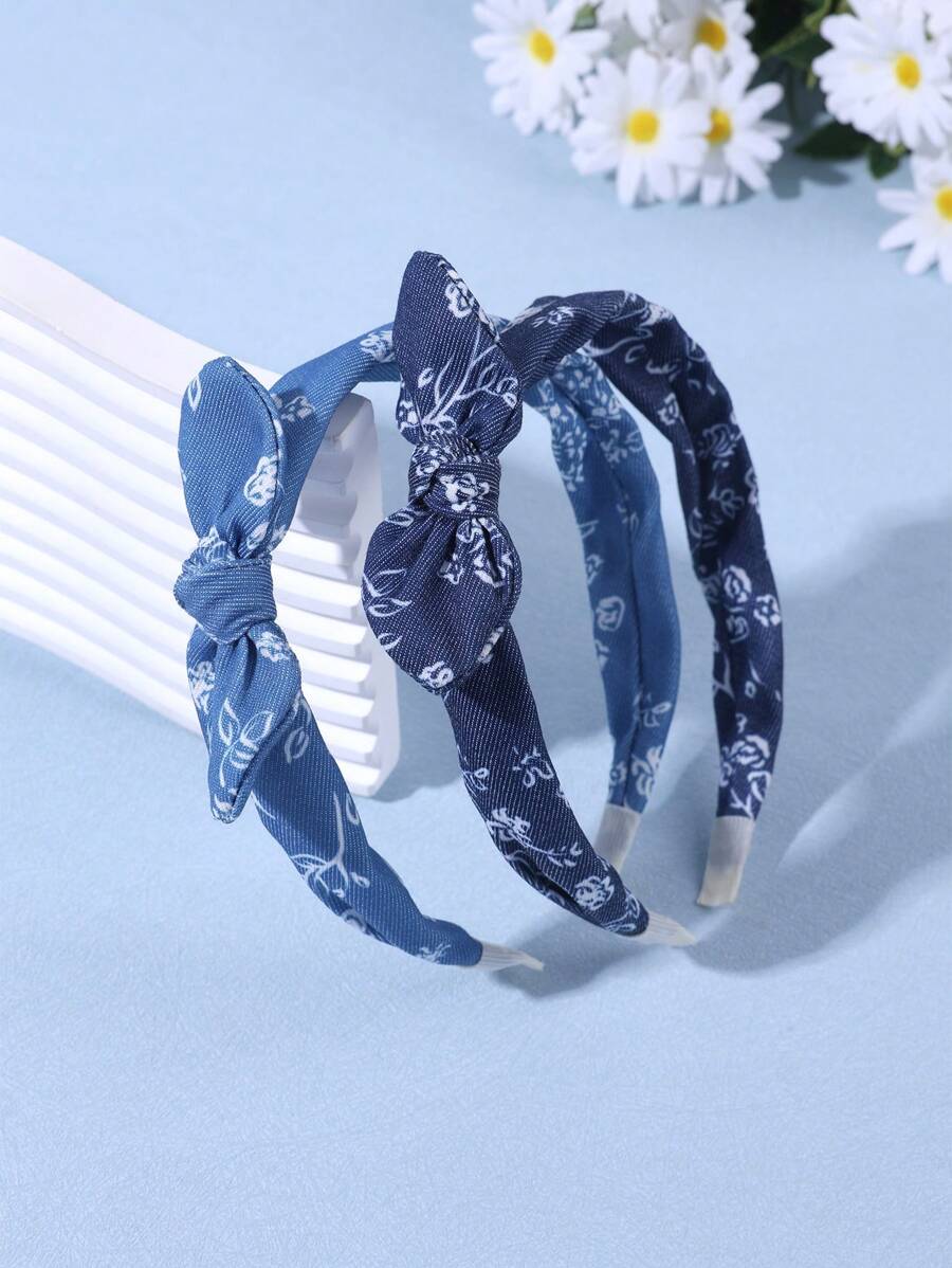 2 piezas Diademas azul vaquero para niñas, vinchas con lazo y estampado de flores, tocado vintage elegante y sencillo, regalo de fiesta para niñas, aros para el cabello, accesorios para el cabello de niños