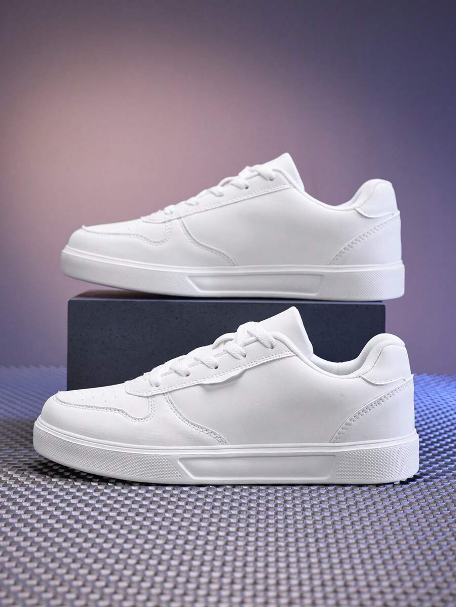 Unisex White Lace-Up Casual Sneakers, Minimalist Patchwork Design Skateboard Shoes, Versatile For Daily, Sports, Campus & Street Wear, Couple Style