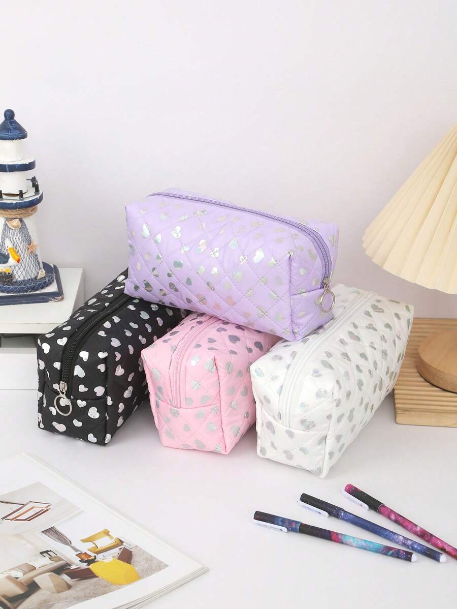 1pc Glossy Heart Pattern Pencil Case, Spacious Space Design Waterproof Material Stationery Storage Bag, Daily Necessities And School Supplies Storage Bag, Fashion School Supplies