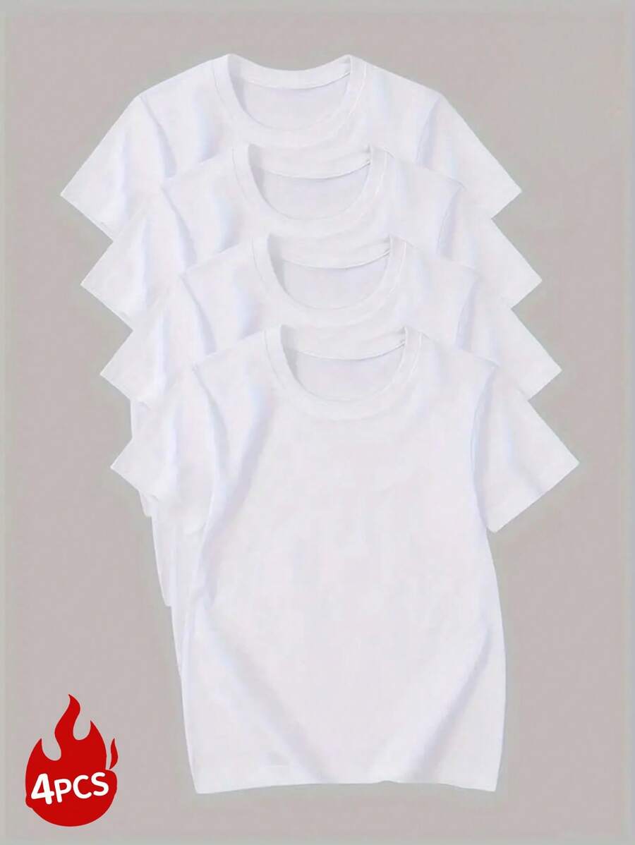 Conjunto de cuatro camisetas de manga corta de cuello redondo de unicolor blanco para niños, niños y adolescentes. Camisetas de manga corta de unicolor muy cómodas y adecuadas para momentos cálidos. Ropa para niños.