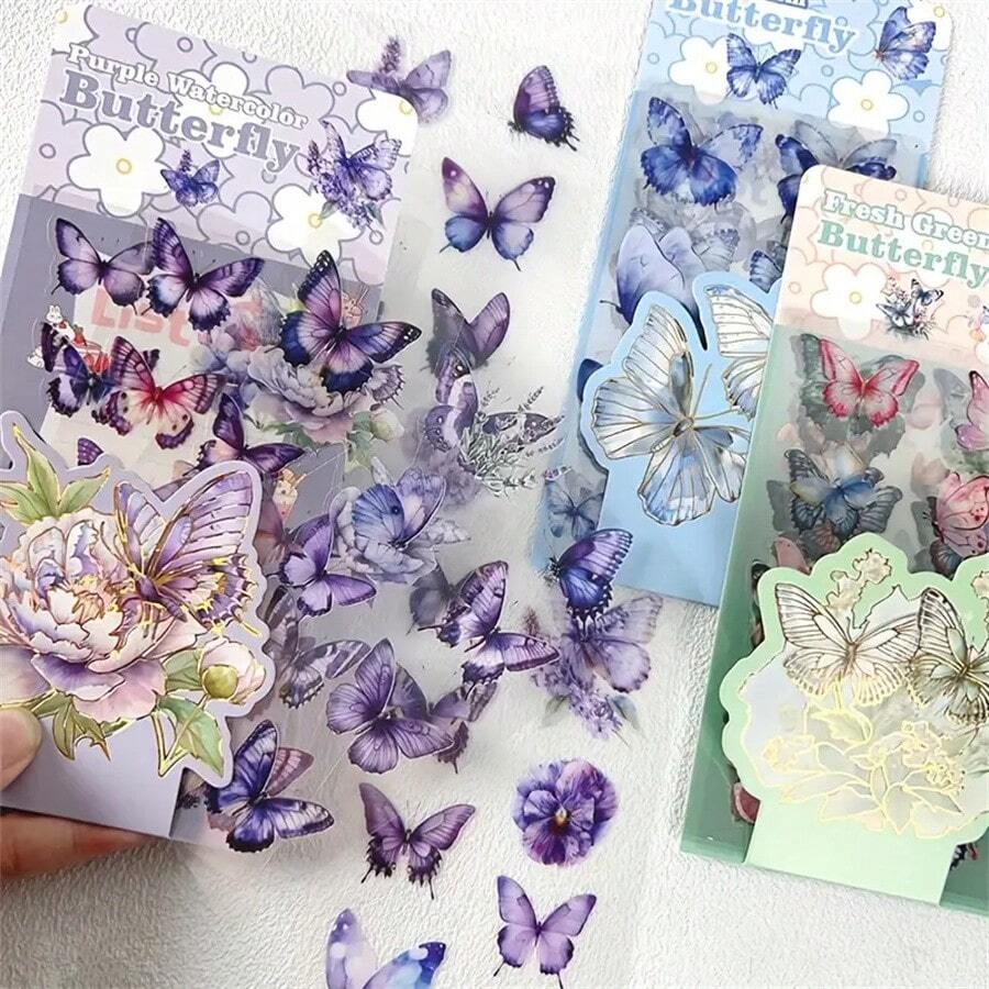 6pcs Flower & Butterfly Stickers - Self-Adhesive PET Plastic Stickers For Scrapbooking, Journals, DIY Crafts, With Blue, Gold Accents, Leaves And Butterflies, Rectangular Shape, Scrapbooking Stickers, Butterfly Decor,School Supplies,Back To School