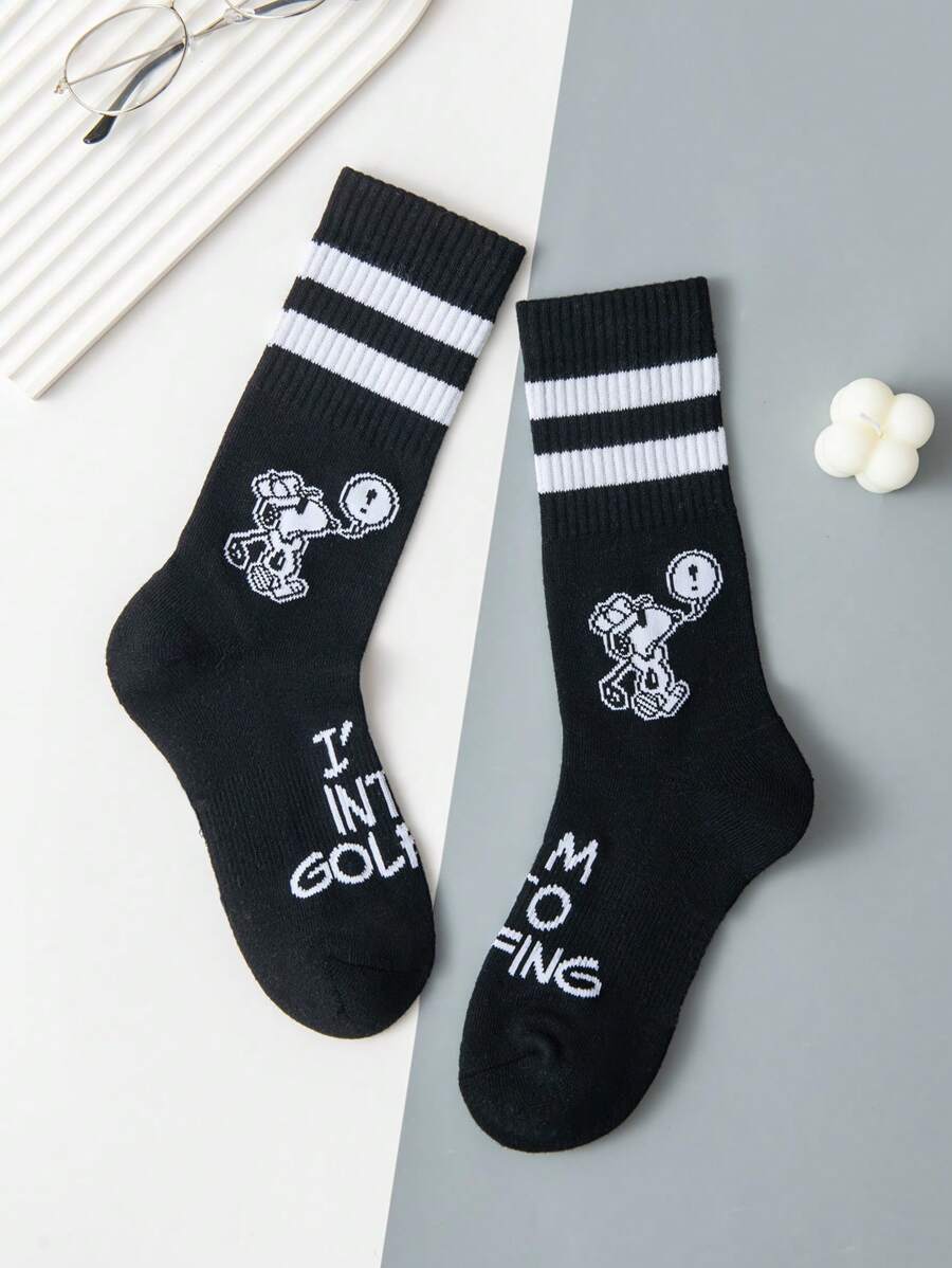 SNOOPY 2 pares de calcetines de media pantorrilla de rayas de dibujos animados de alta calidad en negro y blanco para hombres, calcetines de mujer de la caricatura Snoopy, calcetines de verano regalo para hombres, calcetines transpirables y cómodos, estilo de pareja