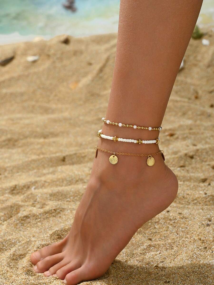 3pcs Stylish Bohemian Multilayer Beaded Sequin Anklet, Suitable For Women Beach Party Wear (Random Accessory Placement)