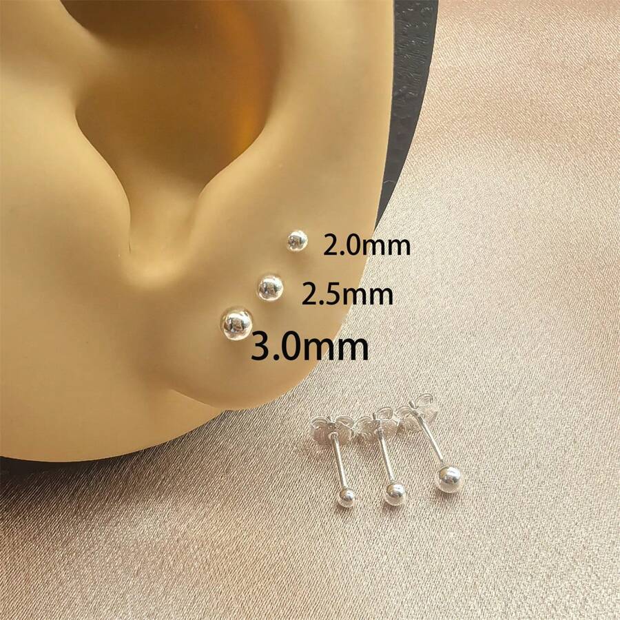 6 peças de brincos redondos hipoalergênicos de prata esterlina 925 com formato de bola, 2,0 mm/2,5 mm/3,0 mm, joias minimalistas para mulheres