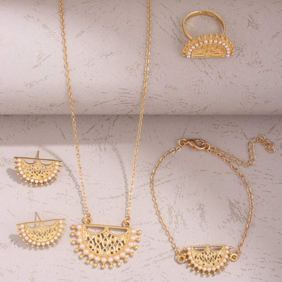 Set de 5 piezas de joyería estilo bohemio de aleación de zinc con perlas en forma de media luna - collar, anillo, aretes y pulsera