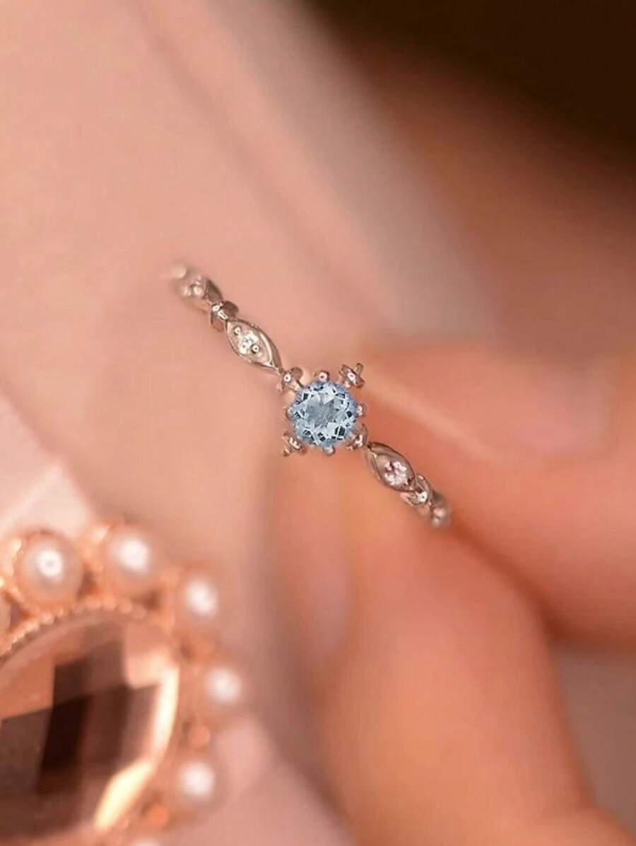 1pc S925 Sterling Silver Chic Sun Design Vintage Elegant Seawater Blue Zirconia Fashion Ring, Versatile Daily/Party Wear Gift Jewelry For Women