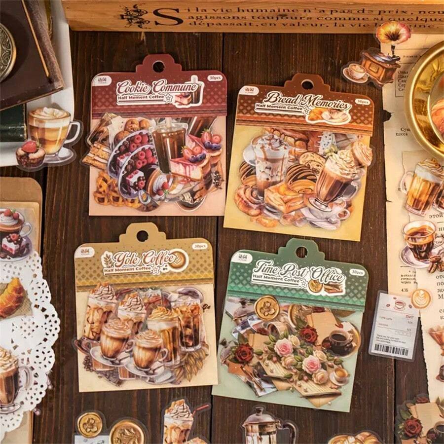 Vintage Style Coffee-Theme Sticker Pack, Transparent PET Stickers For Planner, Scrapbook Decoration, Diary Journal, Coffee Beverages