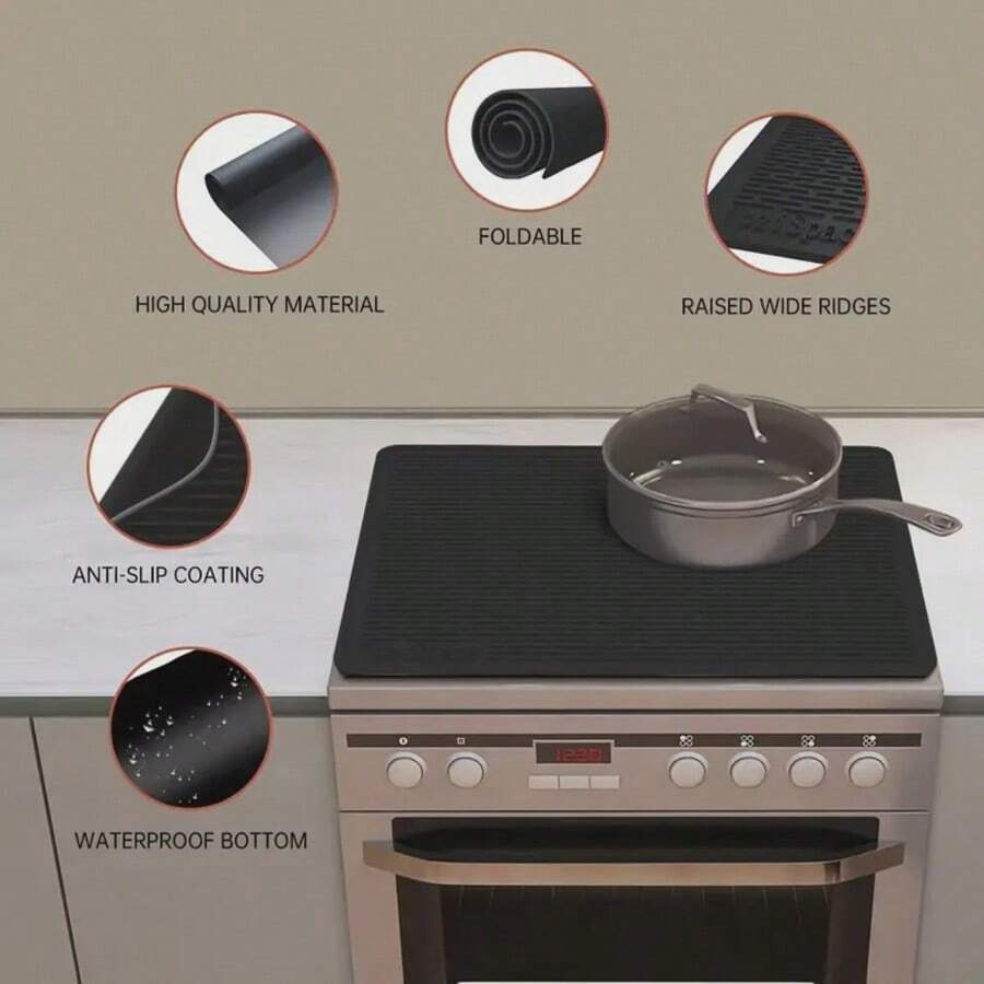 Tapis de protection en silicone pour dessus de cuisinière - 28 "X20" Couvre-plaque de cuisson en céramique, couvre-plaque en verre résistant à la chaleur, film de protection pour cuisinière plate de camping-car, grand tapis de séchage en silicone - Noir/Gris
