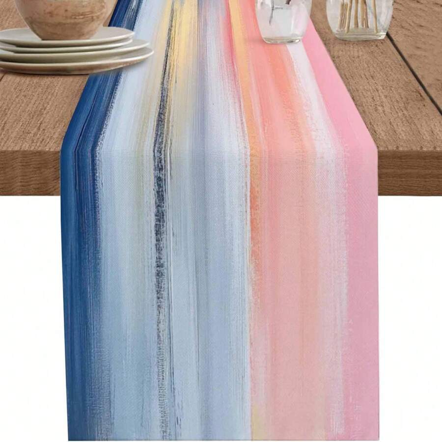 1 peça de toalha de mesa com gradiente azul e rosa, cachecol para cozinha, arte para sala de jantar, toalha de mesa com listras gradientes abstratas, decoração de mesa rústica retangular para festas e feriados