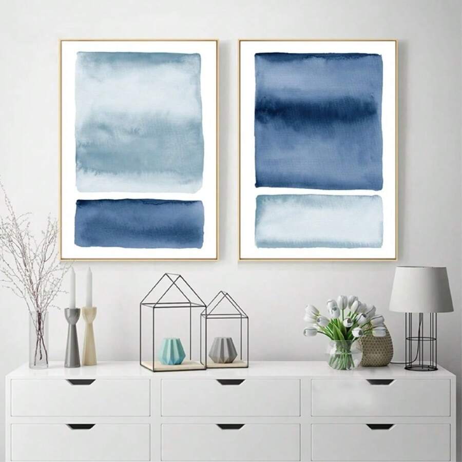 Pittura astratta ad acquerello blu indaco, stampe su tela d'arte da parete a tema oceano e , poster nordici per decorazione parete del soggiorno, con opzione cornice