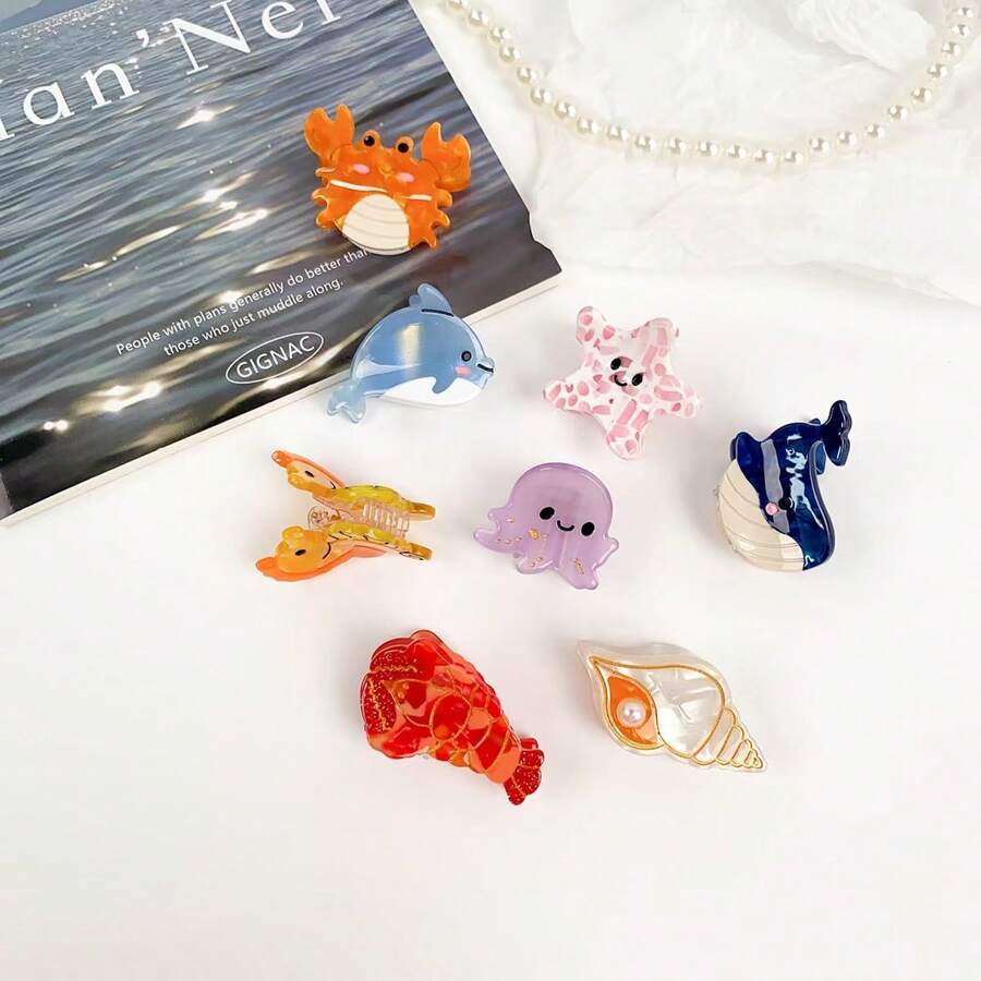 1 pièce/Lot de 8 pièces Mignons mini clips pour cheveux thème océan, clips à pince de homard, clips à cheveux dauphin de dessin animé, accessoires décoratifs pour les cheveux Pinces à mâchoires pour femmes