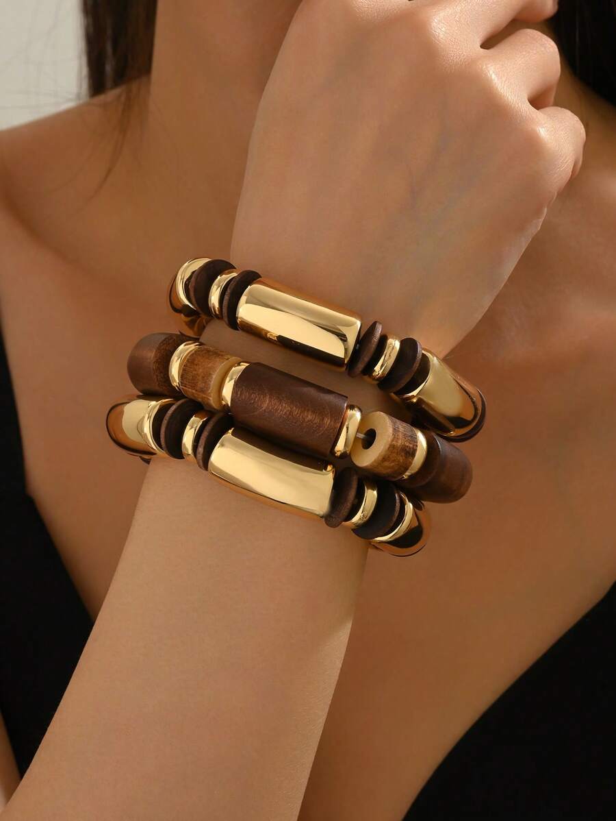 1 Stück Holz-Armreif und 2 Stücke minimalistische Armreifen, Set aus stapelbaren Armreifen, geeignet für Frauen