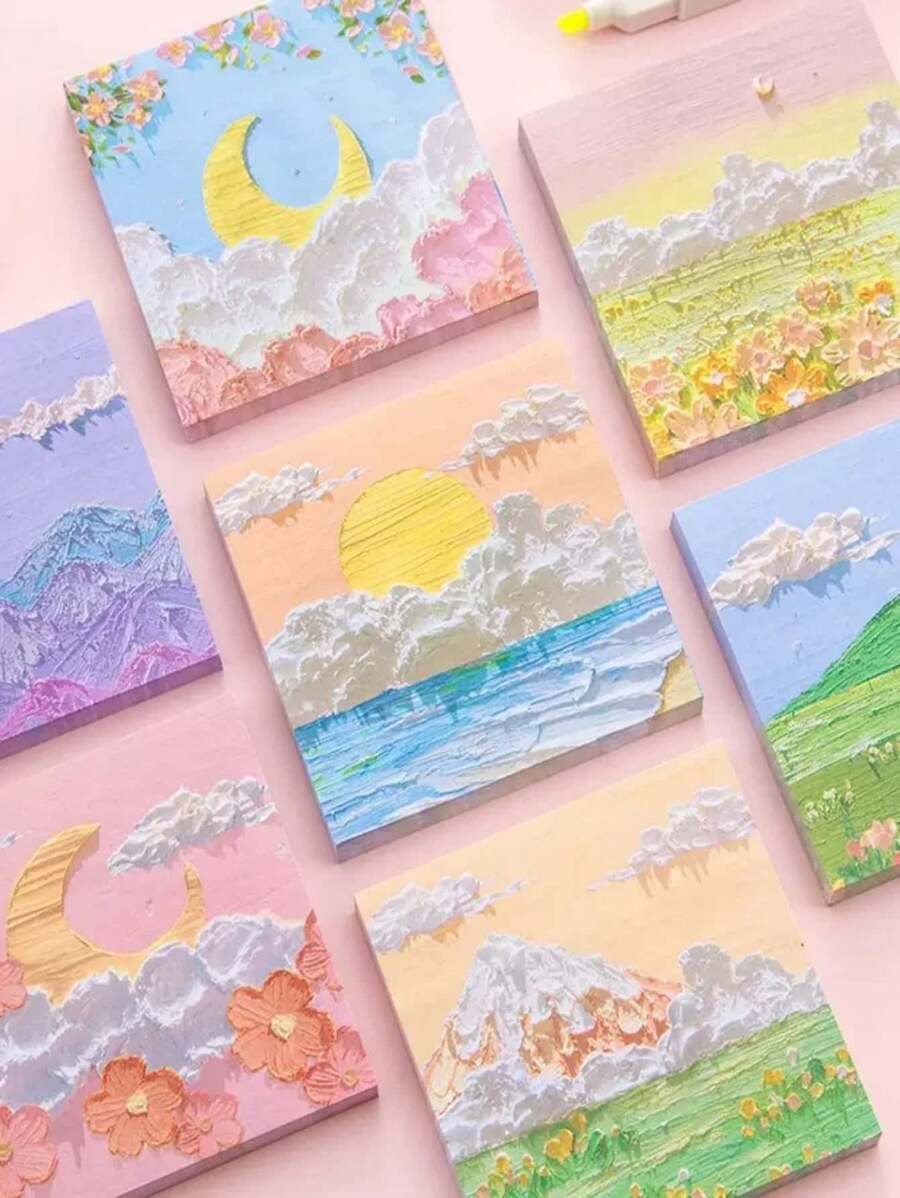 80pcs/160pcs/320pcs Landscape Oil Painting Sticky Notes, (80pcs/Pack) Random Styles, Cute Cartoon Sticky Notes For Memo, Teacher Rewards, Student Gifts, Portable High-Quality Sticky Notes For Office, Home, School, Multi-Styles, Christmas Gifts School Supplies, Back To School