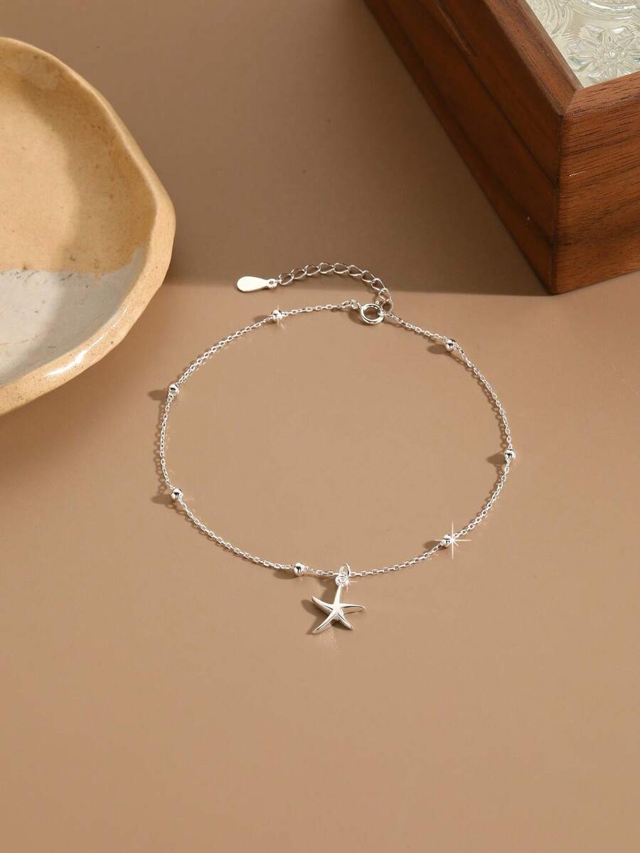 1 pieza Tobillera de plata de ley S925 con cuentas en forma de estrella de mar, para uso diario, joya de regalo para la novia