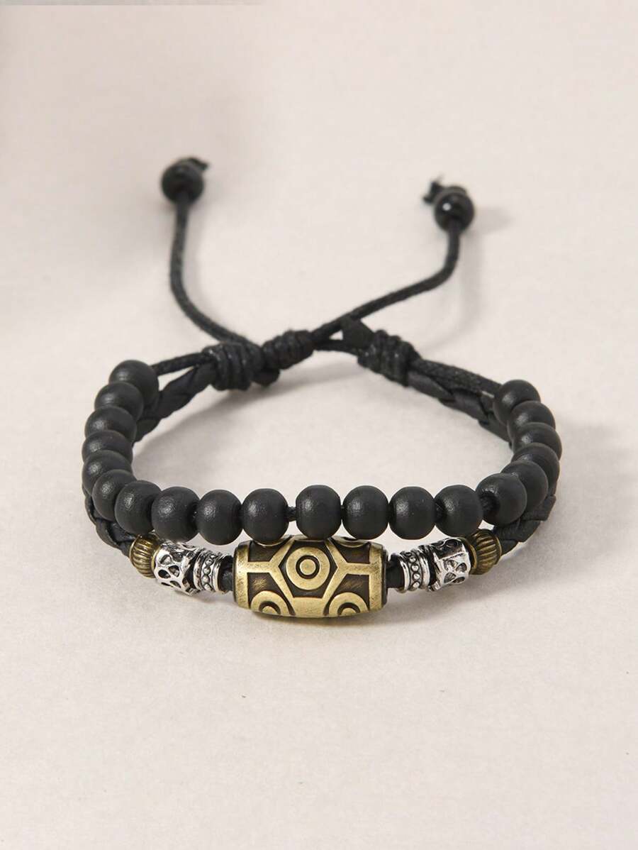 1pc Retro Punk Style Personalized Necklace Bracelet Set, Woven Wax Rope Vintage Pendant Choker Necklace Beaded Bracelet Jewelry Accessories, Suitable For Daily Wear, Gift For Friends And Family