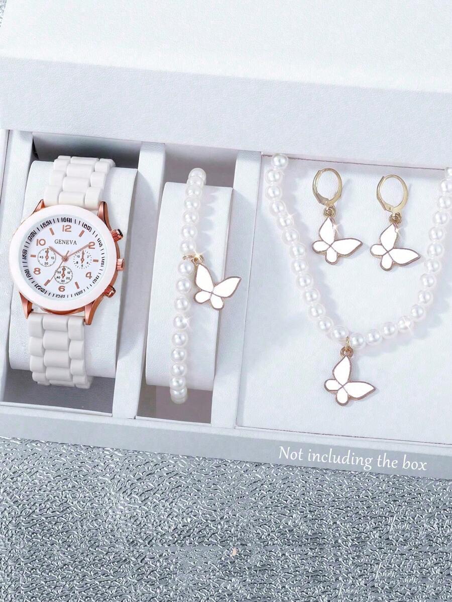 Conjunto de 5 piezas de joyería para niñas que incluye reloj de cuarzo con pulsera de silicona elegante, collar, pulsera y aretes con diseño de mariposa - regalo ideal para Halloween, Navidad, amigas y uso escolar
