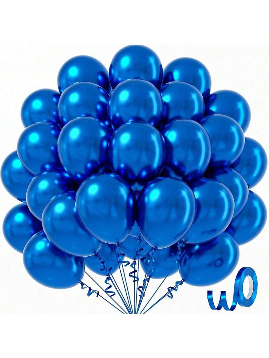50pcs Metal Blue Balloons 12/10/5 Inches, Chrome Blue Latex Balloons Used For Graduation Baptism Shower Party Birthday Party Decoration Balloons