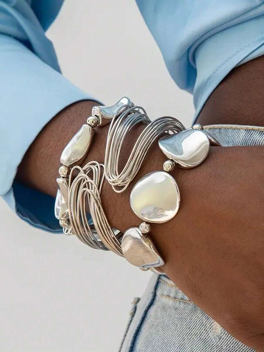 3pcs/Set Y2K Exaggerated Open Metal Bracelets, CCB Material Bracelet Set, Suitable For Daily Wear, Parties, And Gifts For Friends