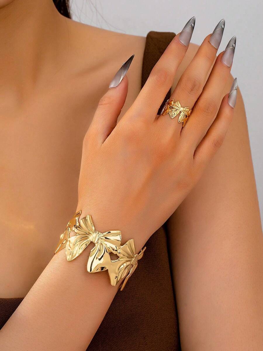Juego de 2 piezas de anillo y pulsera con diseño de lazo, conjunto de joyas con anillo y pulsera a juego de diseño grueso para mujer