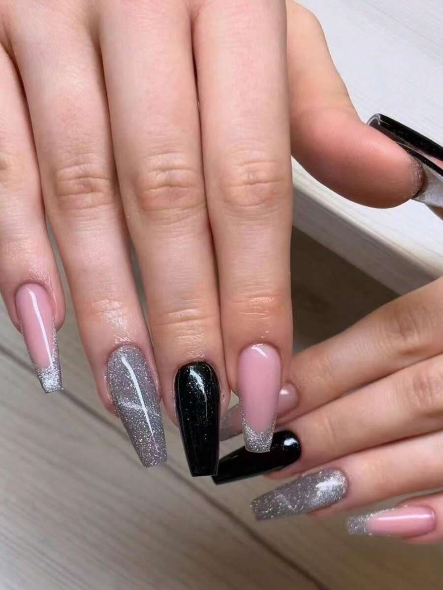 24 peças Kit de Unhas Postiças Francesas de Formato Quadrado Longo, Multicoloridas, Gradiente Brilhante Preto e Rosa, Encaixam Perfeitamente, Unhas Falsas de Cobertura Completa, Inclui 1 Peça folha de Adesivos e 1 Peça Lima Mini, Para Uso Diário, Escritório, Casa, Festa, Acessórios de Joias Femininas, Dicas de Unhas Falsas 1 Peça Tira de Lima, Gel de Gelatina, Envio Aleatório