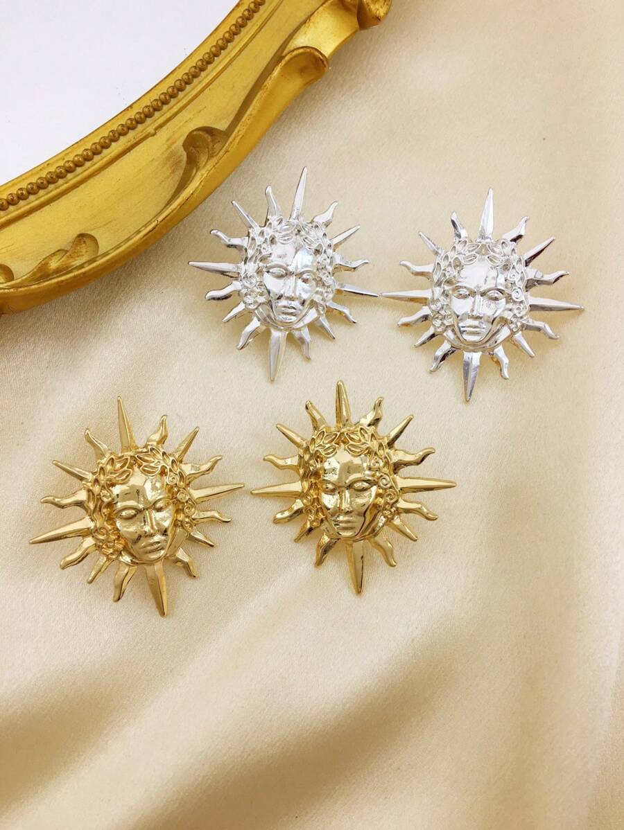 1 Pair Unisex Bohemian Beach Holiday Golden Face Sun Shape Earrings, Sun God Design Earrings
