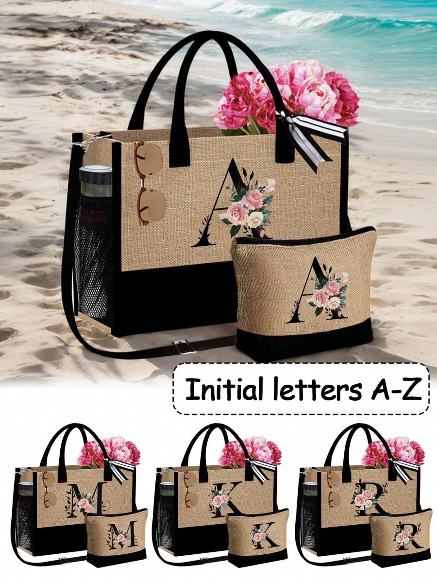 1 set, Bolso de mano tipo tote con estampado de flores con inicial A y correas para el hombro & Set de bolsas de maquillaje con iniciales de la A a la Z, bolso de regalo personalizado con bolsillos laterales, bolso de playa con pañuelo, bolsos de almacenamiento portátiles y de ocio, bolsas de compras multifuncionales, bolsa de almacenamiento simple para viajes