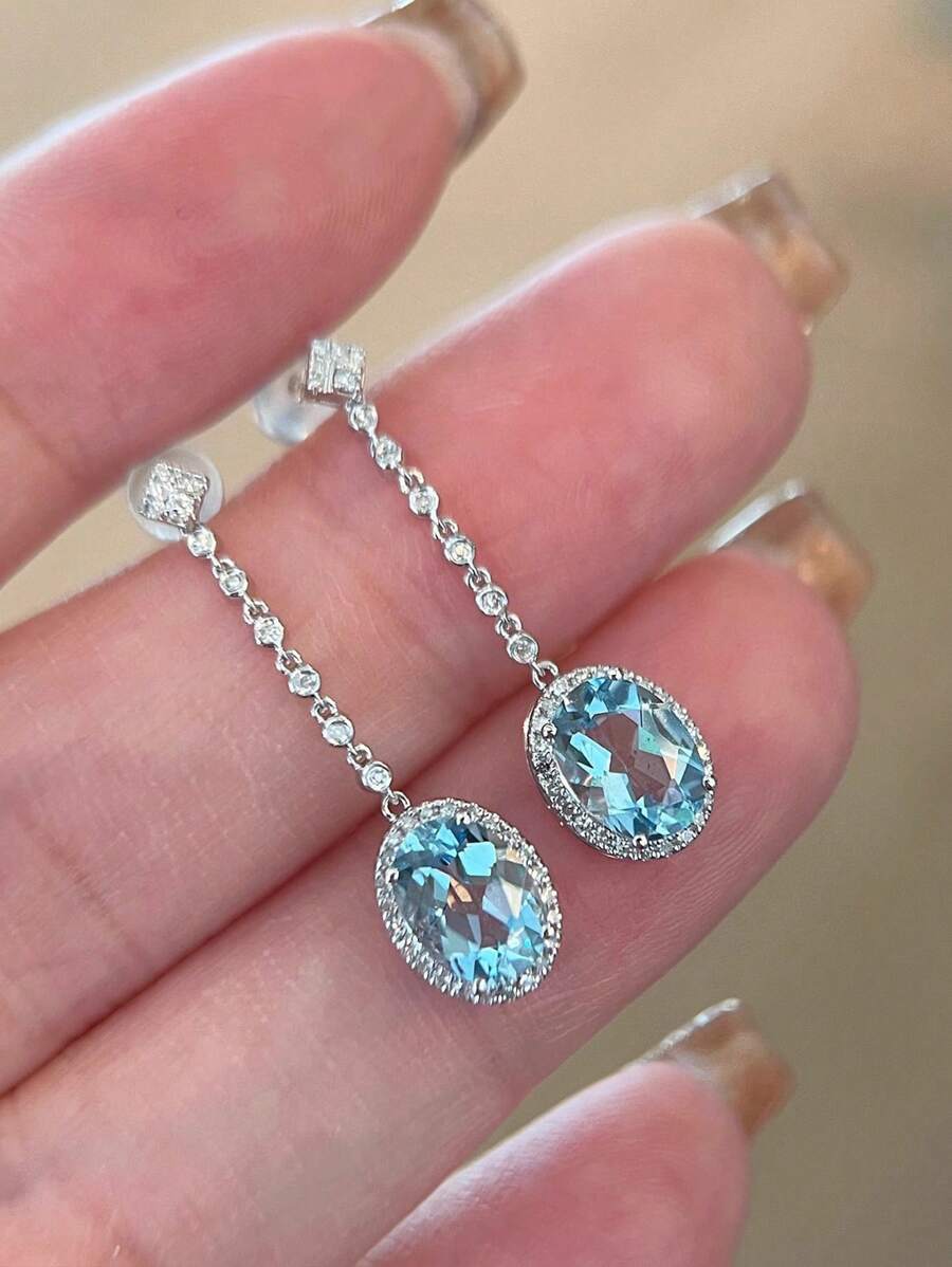 2pcs S925 Sterling Silver Original Fashionable Elegant Zirconia Aquamarine Oval Shape Tassel Pendant Earrings, Suitable For Women's Daily Wear, Festival Parties, Gifts