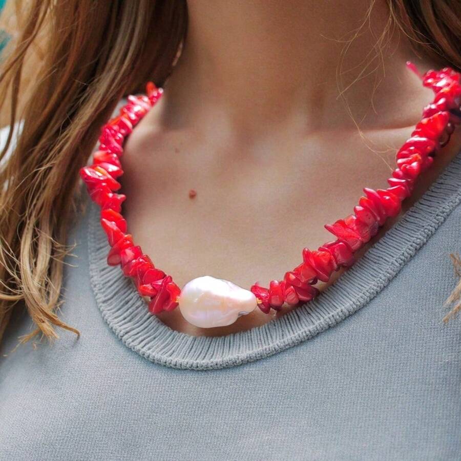 Zhenwei xina 1PC Luxury Boho Retro Red Coral Natural Stones Irregular Handmade Pearl Necklace For Women Gift Box For Girls Summer Beach Collar