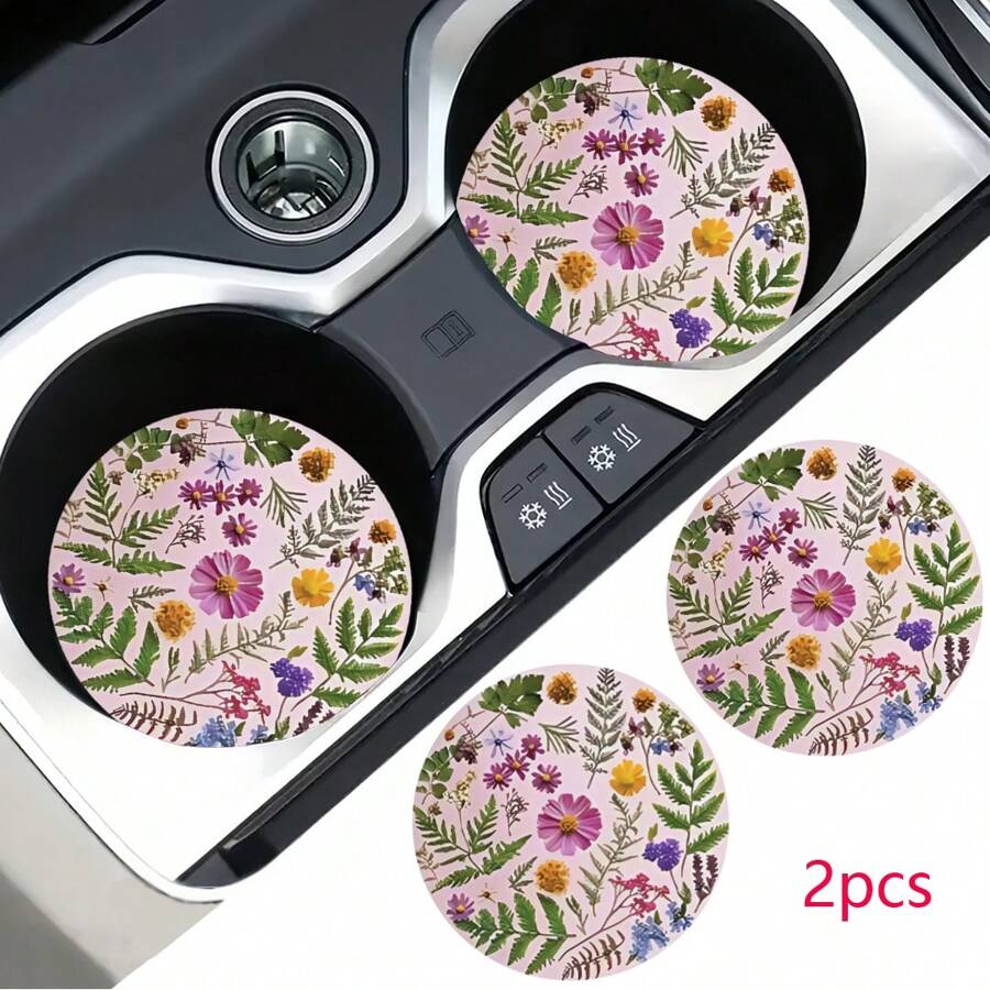 2 pièces de dessous de verre à motif floral pour voiture, tapis de coupe de voiture élégant et durable, séchage rapide et antidérapant