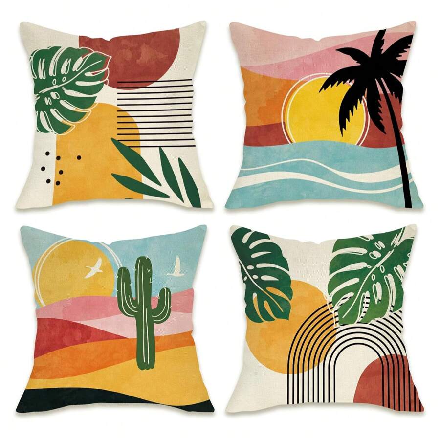 4 pièces Taie d'oreiller de décoration abstraite bohème Fakhrodom Sunset, taie d'oreiller de plante tropicale géométrique bohème pour balcon et terrasse, décoration moderne esthétique de plante de canapé Pas d'oreiller inclus