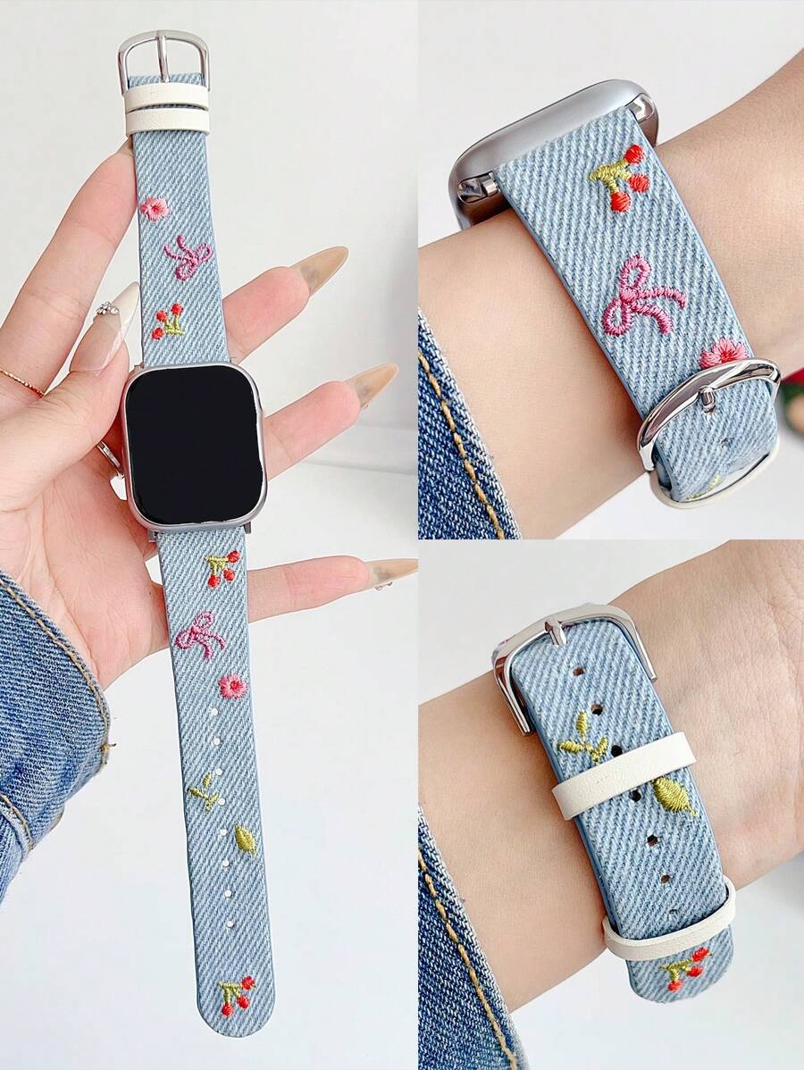 1 Stück Armband mit Stickerei für Damen, Blumen, Kirsche, Waschbares Denim-Leder, passend für Band 38mm 40mm 41mm 42mm 44mm 45mm 49mm S10 42mm S10 46mm, Stylisch, Niedlich, Bequem austauschbares Band kompatibel mit Series Ultra 2