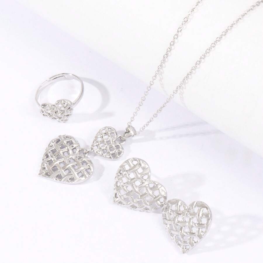 Conjunto de joyería de 3 piezas con colgante, anillo y pendientes con forma de corazón hueco, minimalista y elegante, adecuado para uso diario y vacaciones, excelente regalo de San Valentín para el ser querido