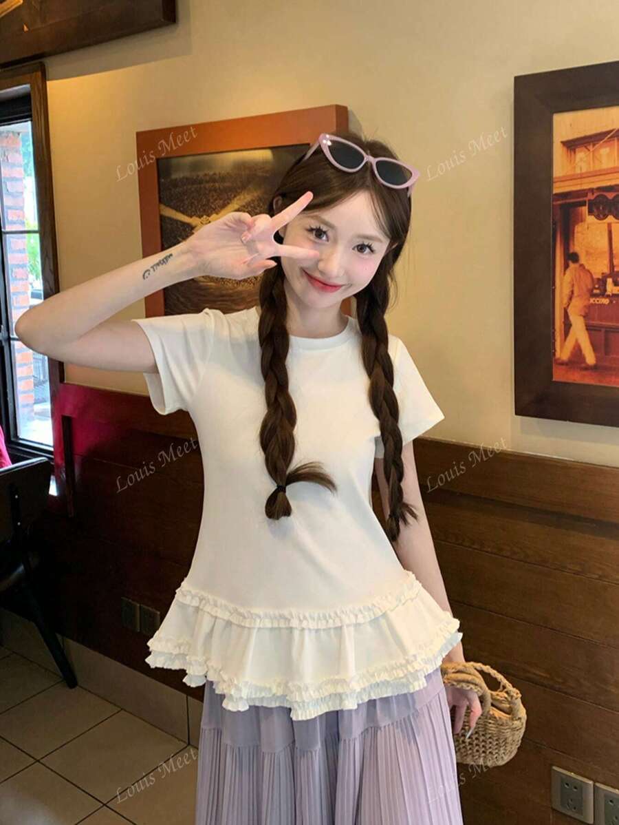 Sweet Lace Trim Casual Slim Fit Round Neck Short Sleeve T-Shirt