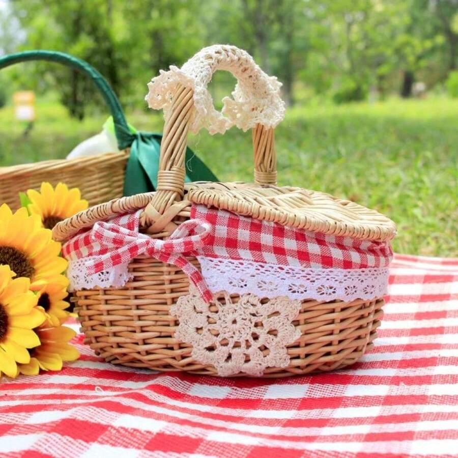1 pièce Panier de transport rétro en osier pour l'extérieur avec poignée. Panier de pique-nique avec couvercle