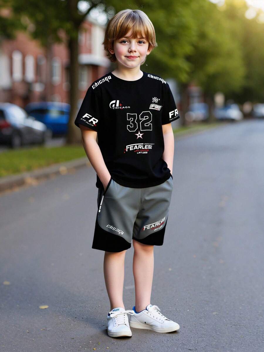 2pcs/Set Teenage Boys' Casual Summer Letter Print Crew Neck Short Sleeve T-Shirt And Contrasting Color Letter Print Shorts Sports Suit