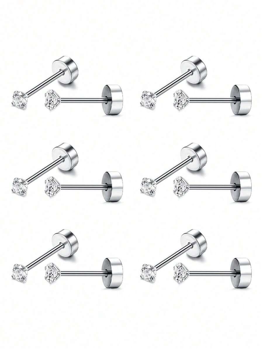 6 Pairs/Set Women's Men's Cartilage Earring Stud Surgical Steel Flat Back Earring Set,3mm Round CZ Screw Back Stud For Cartilage Screw-Piercing Jewelry